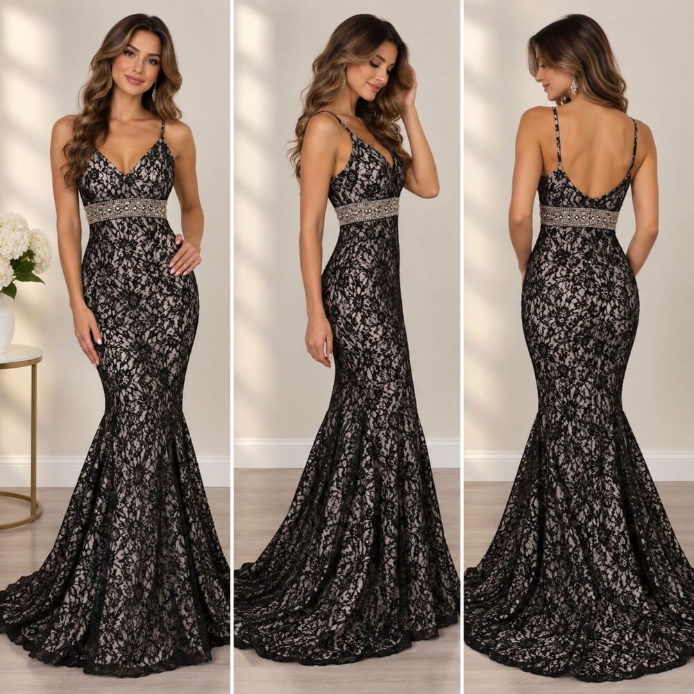 Sequin Hearts Size 5 Black White Lace Rhinestone Beaded Formal Maxi Dress